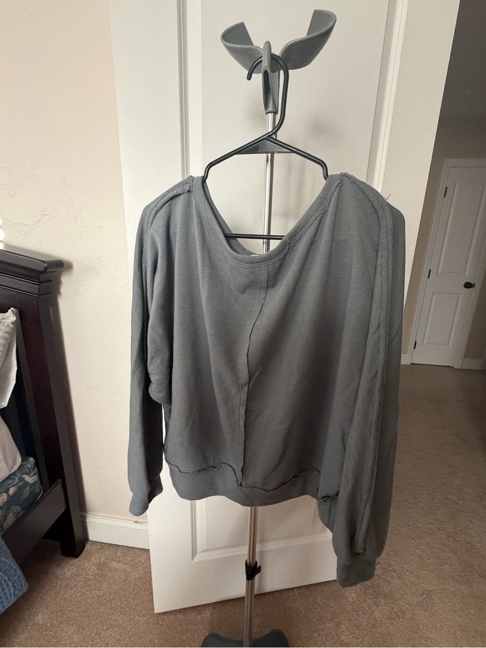 Grayish Blue Raw-Edge Pullover Sweatshirt